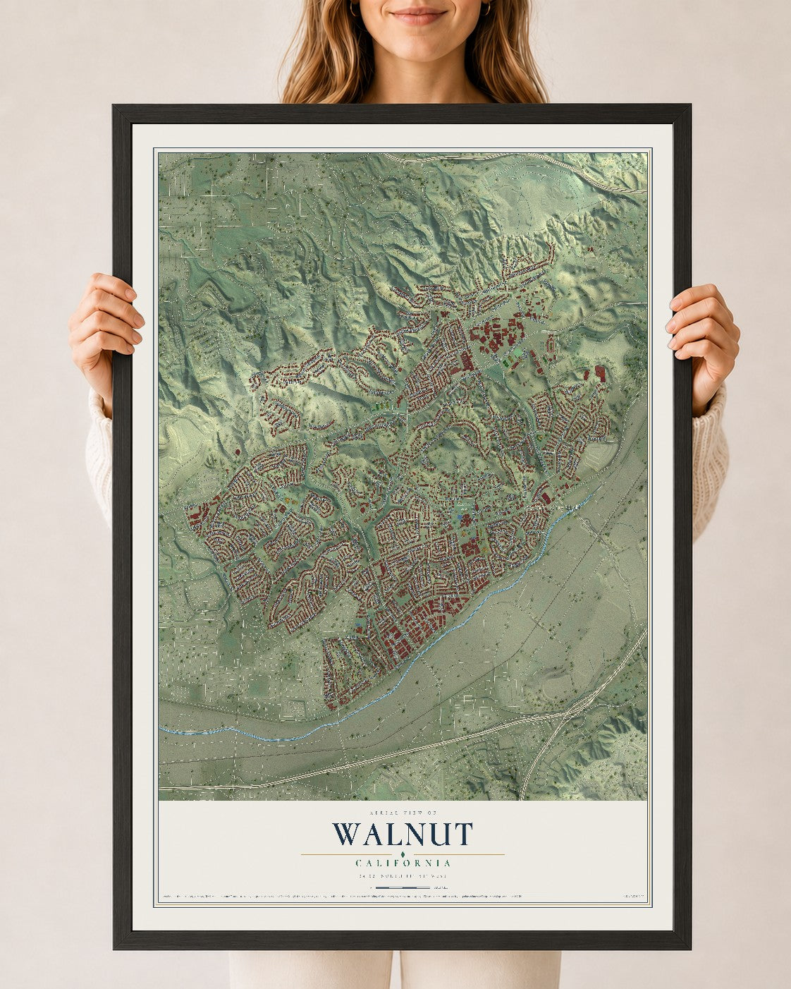 Map of Walnut, California, 24 x 36 inch print in a black wood frame