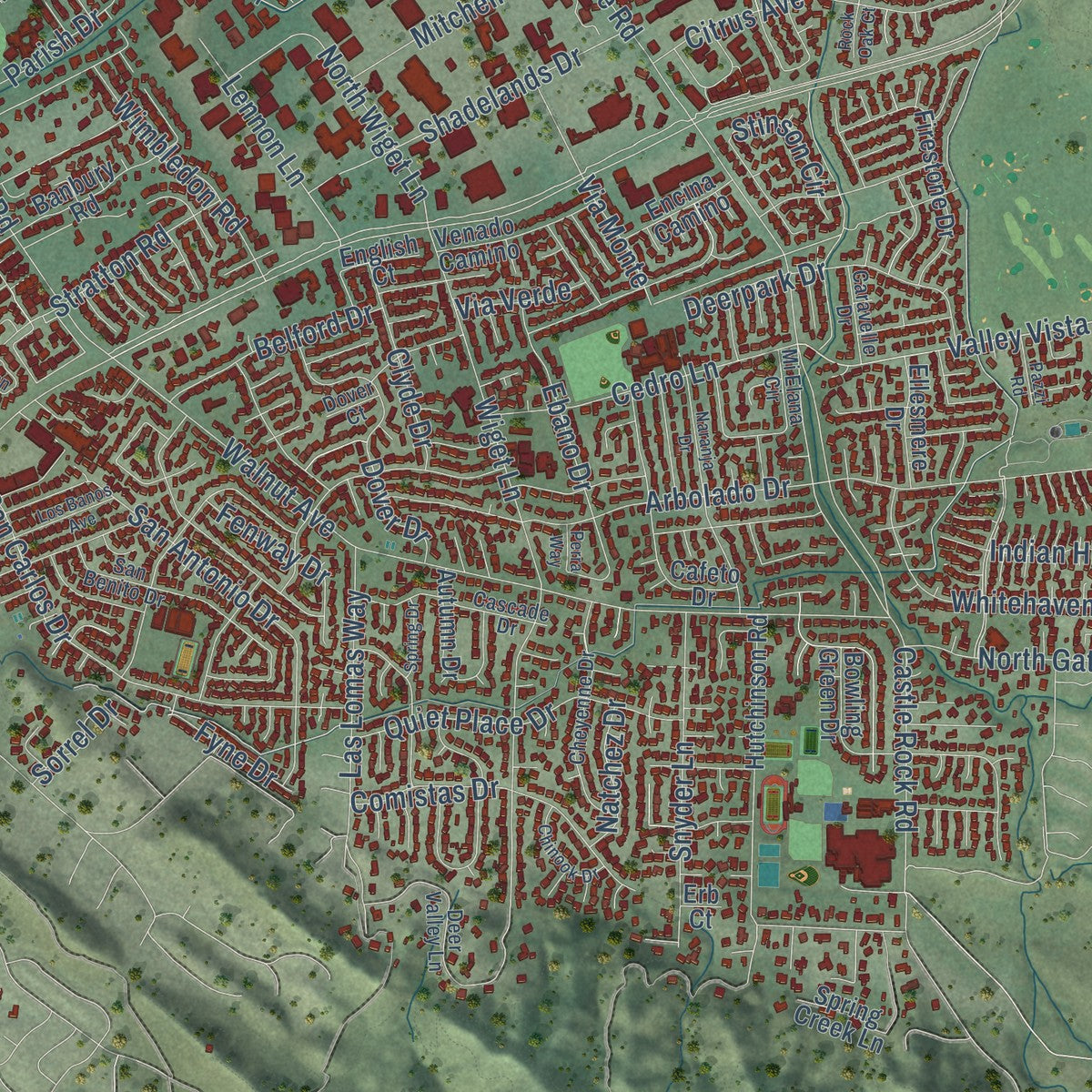 Close-up of the map of Walnut Creek, California print showing street and building detail
