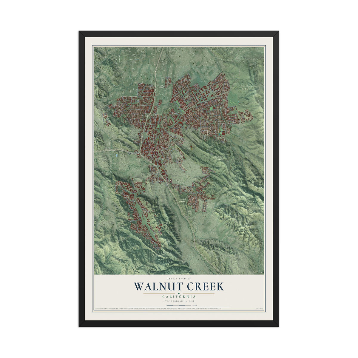 Map of Walnut Creek, California, 12 x 18 inch print in a black wood frame