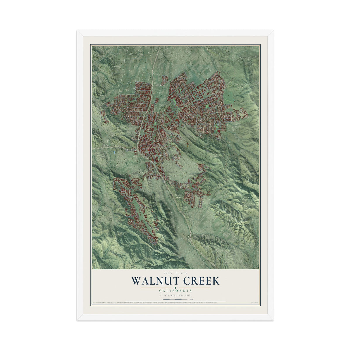 Map of Walnut Creek, California, 12 x 18 inch print in a white wood frame