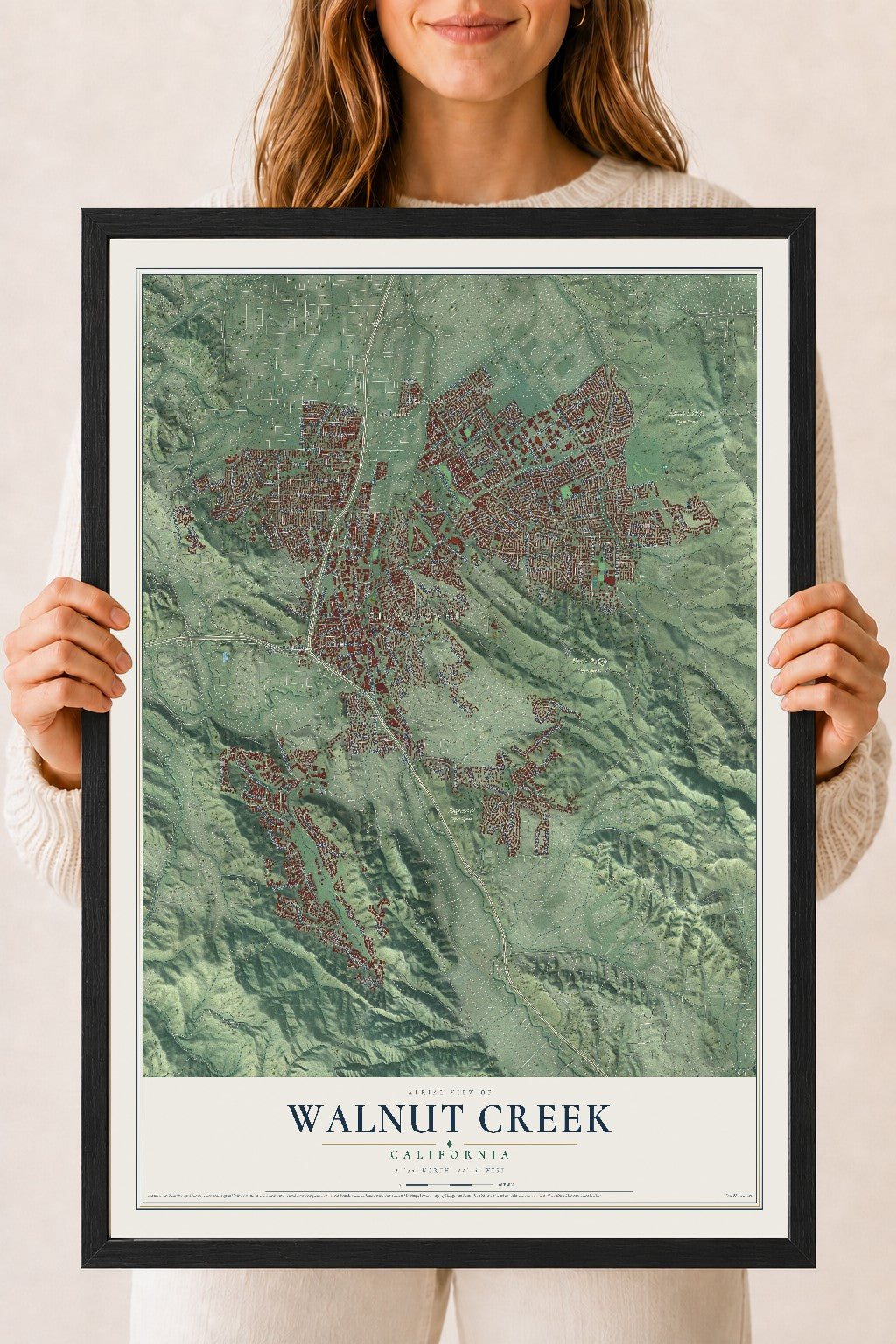 Map of Walnut Creek, California, 18 x 24 inch print in a black wood frame