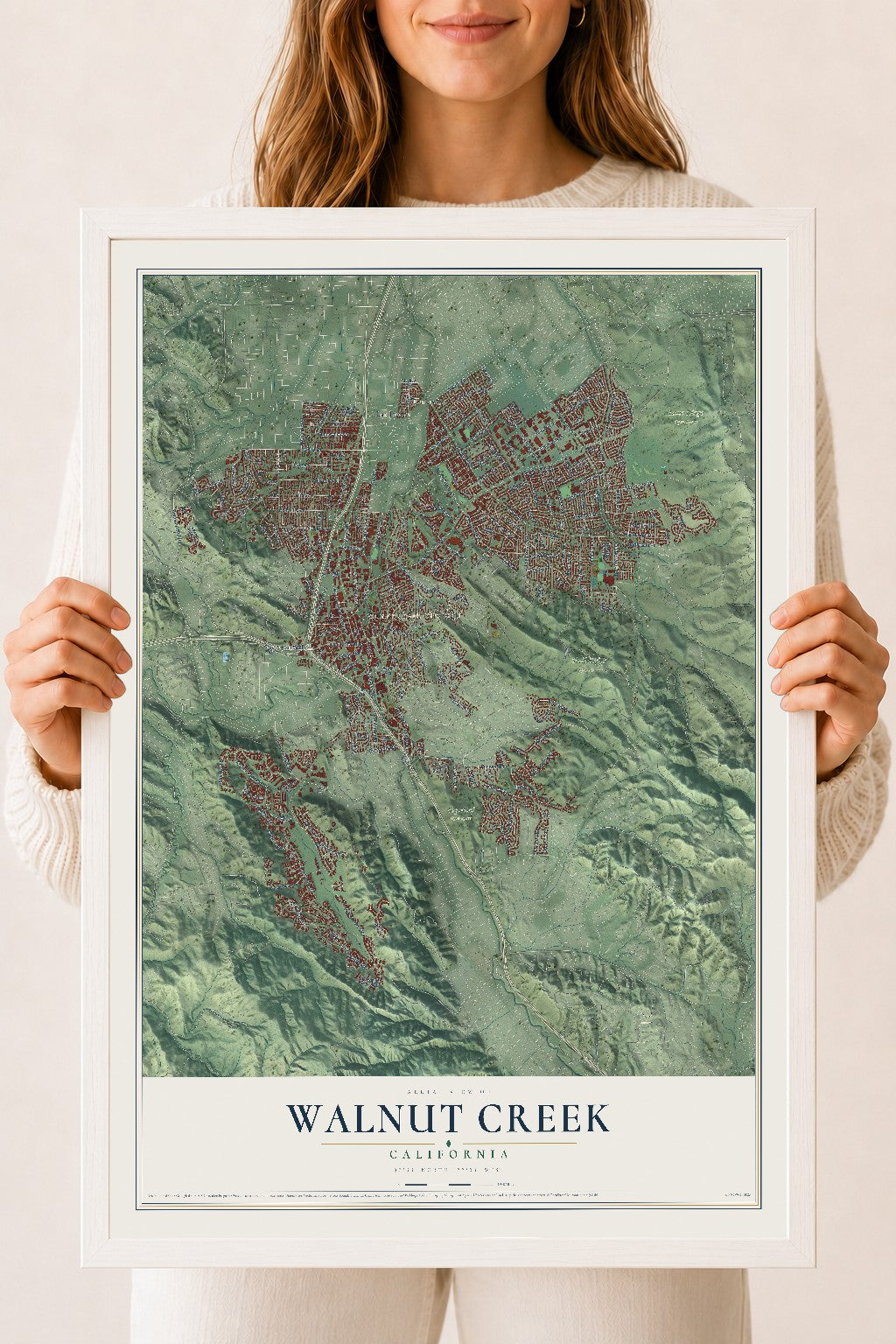 Map of Walnut Creek, California, 18 x 24 inch print in a white wood frame