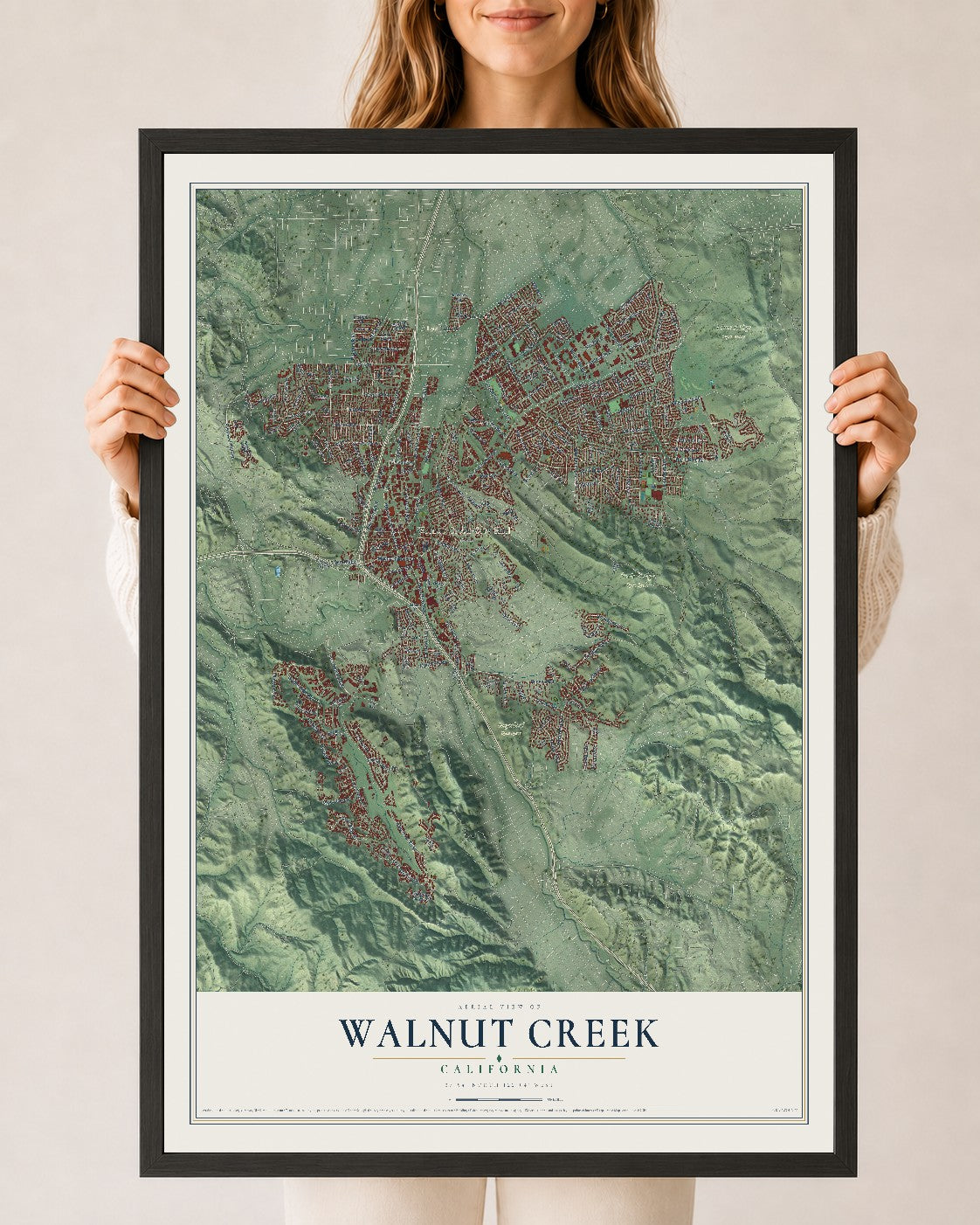 Map of Walnut Creek, California, 24 x 36 inch print in a black wood frame
