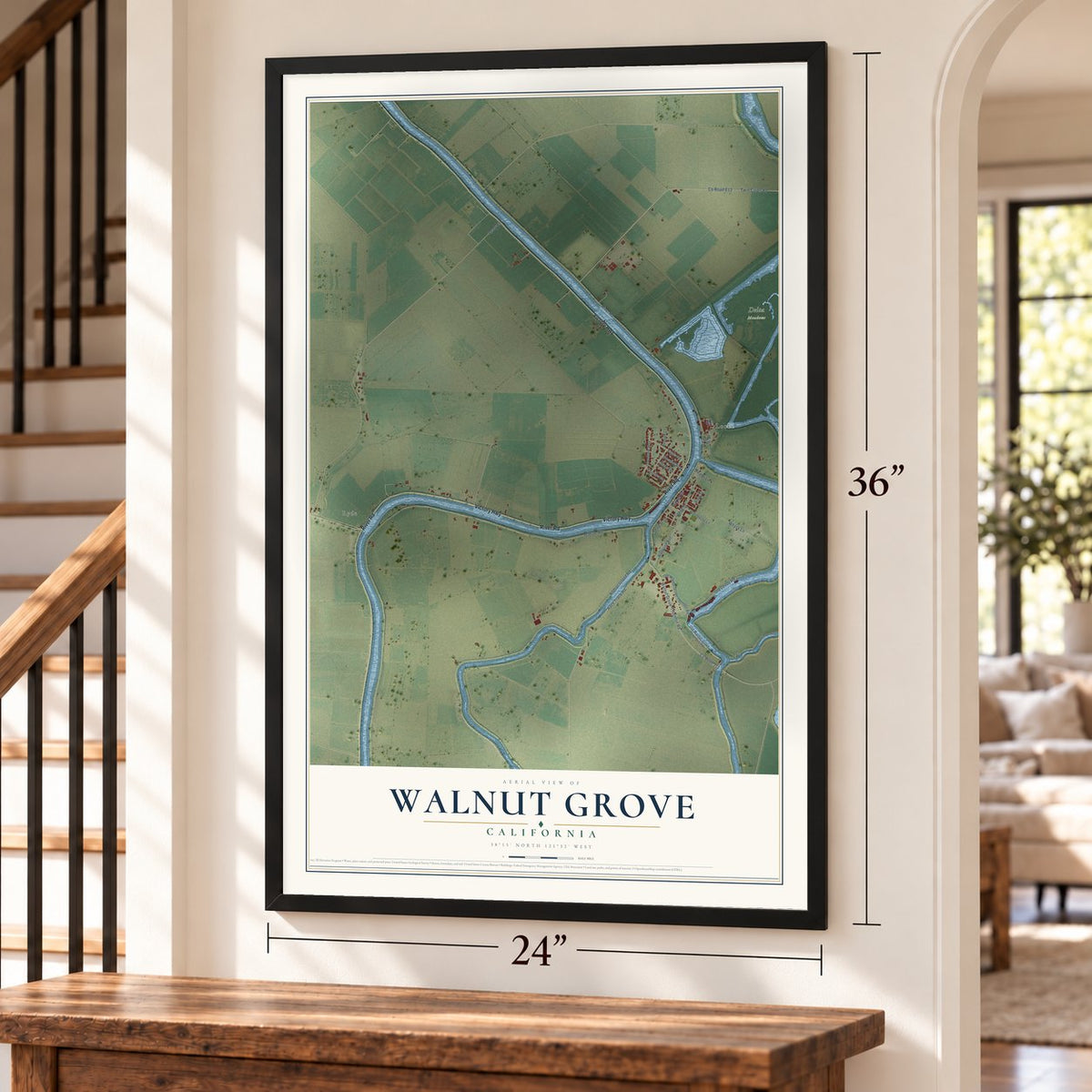 Walnut Grove, California map, 24 x 36 inch print in a black frame by a staircase