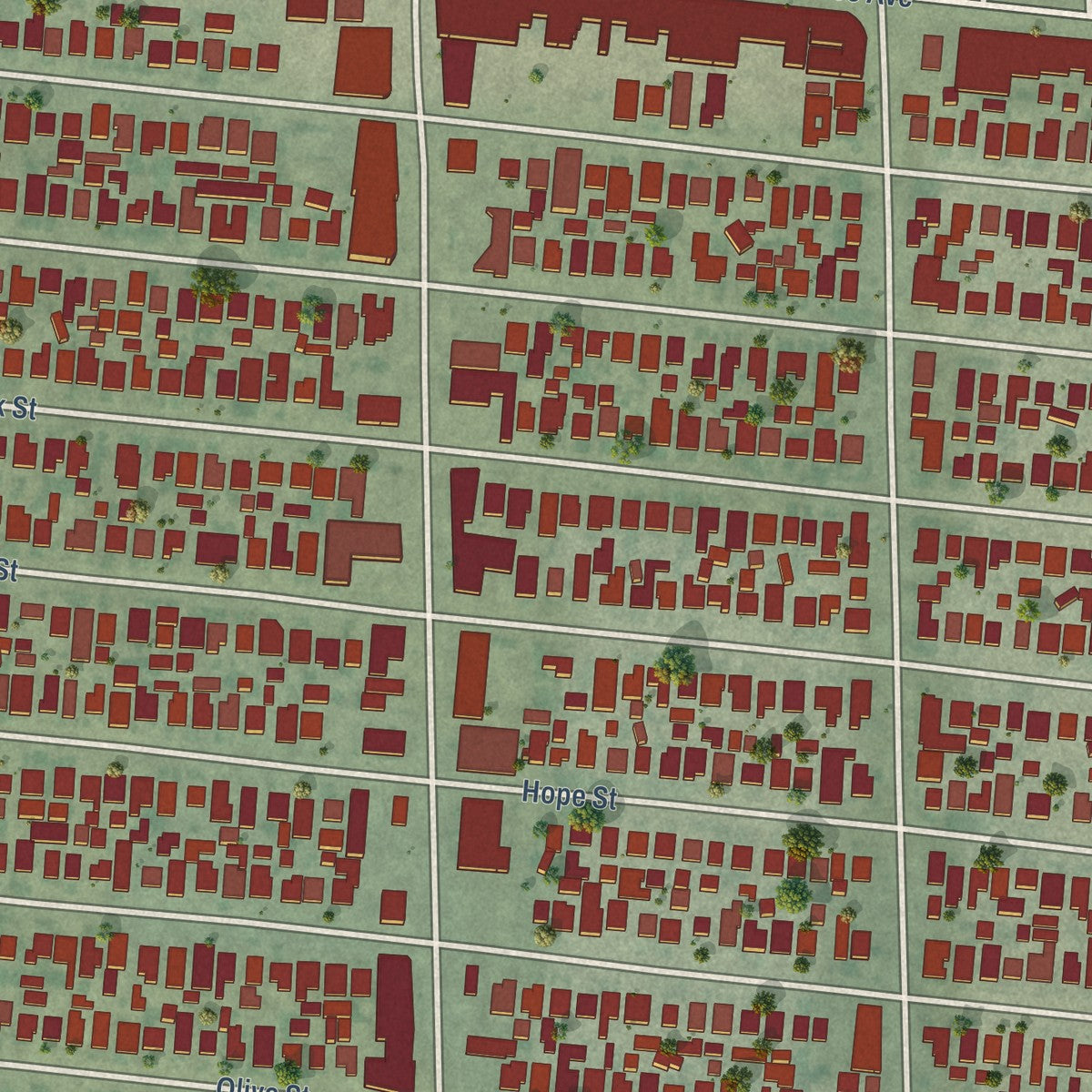Second close-up of the map of Walnut Park, California print showing more streets and buildings