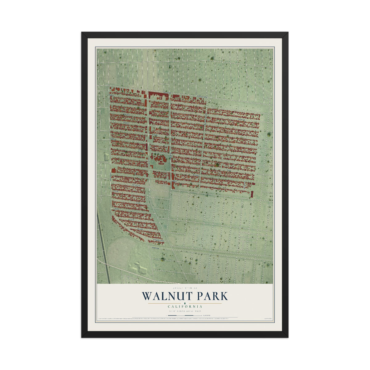 Map of Walnut Park, California, 12 x 18 inch print in a black wood frame