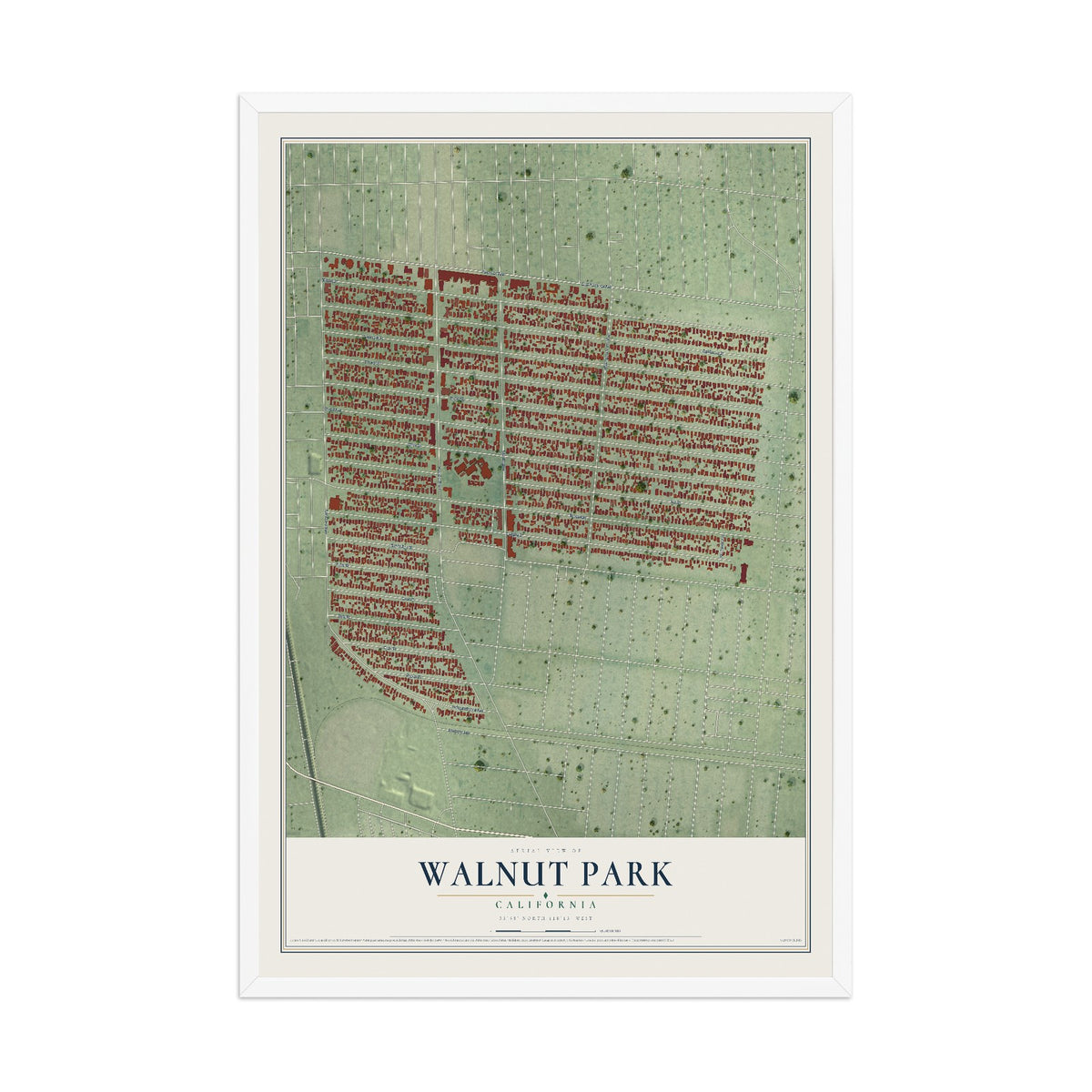 Map of Walnut Park, California, 12 x 18 inch print in a white wood frame