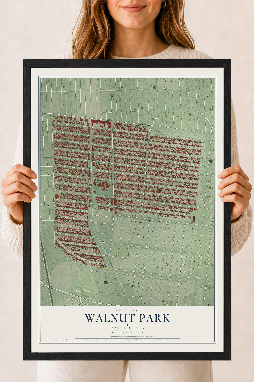 Map of Walnut Park, California, 18 x 24 inch print in a black wood frame