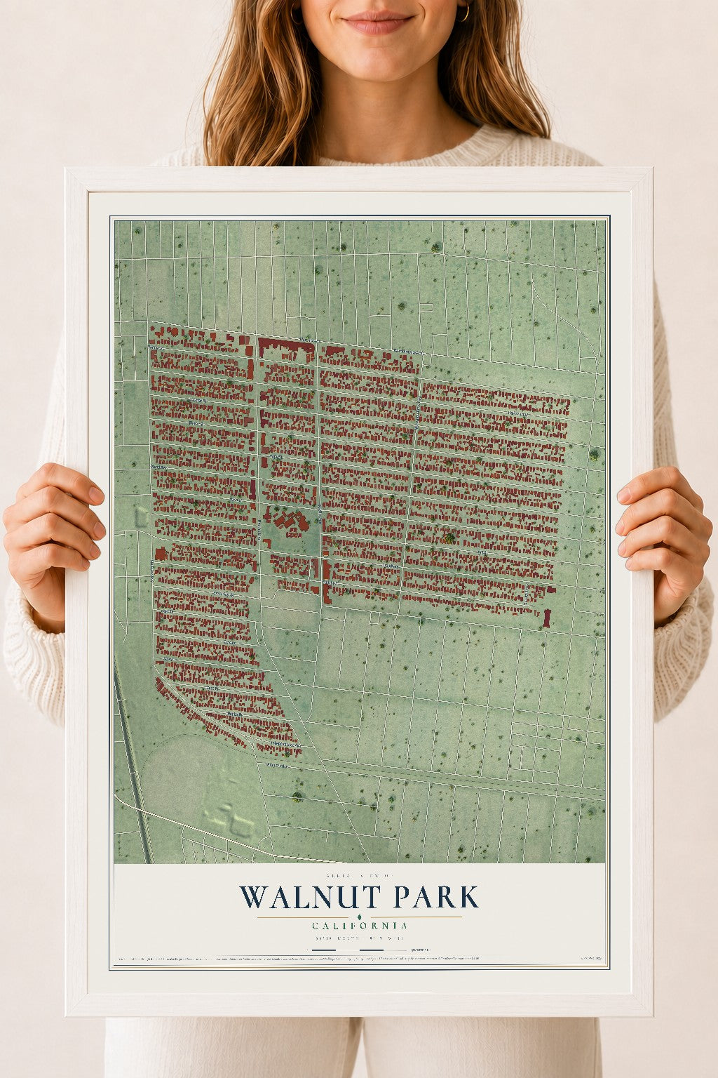Map of Walnut Park, California, 18 x 24 inch print in a white wood frame