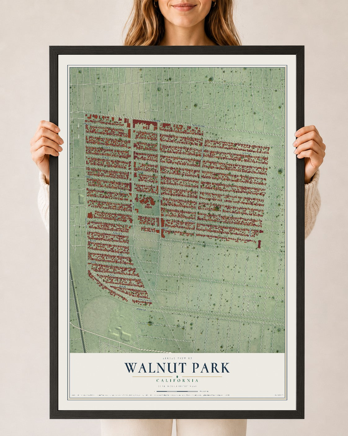 Map of Walnut Park, California, 24 x 36 inch print in a black wood frame