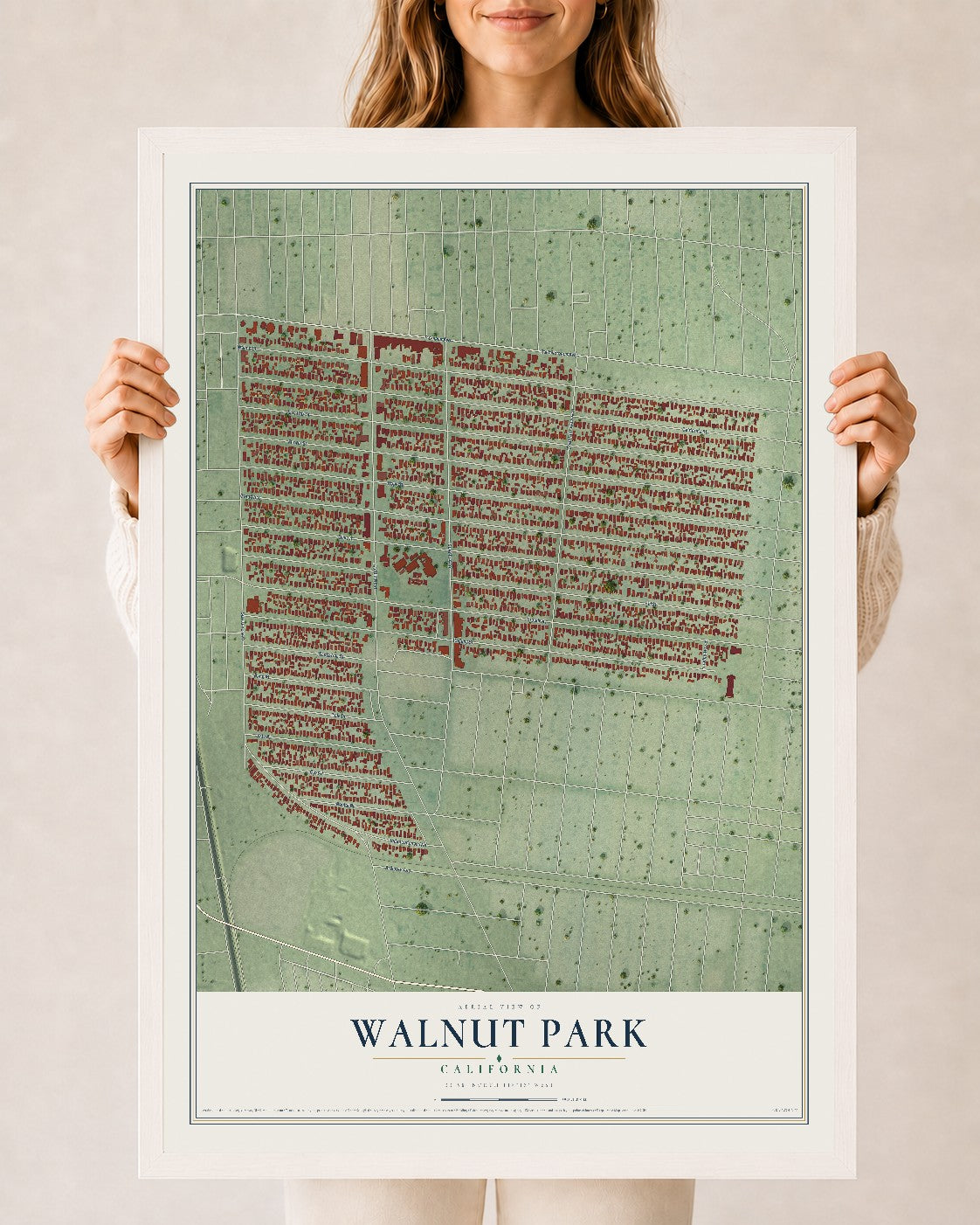 Map of Walnut Park, California, 24 x 36 inch print in a white wood frame