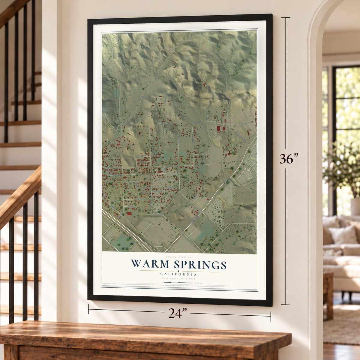 Warm Springs, California map, 24 x 36 inch print in a black frame by a staircase
