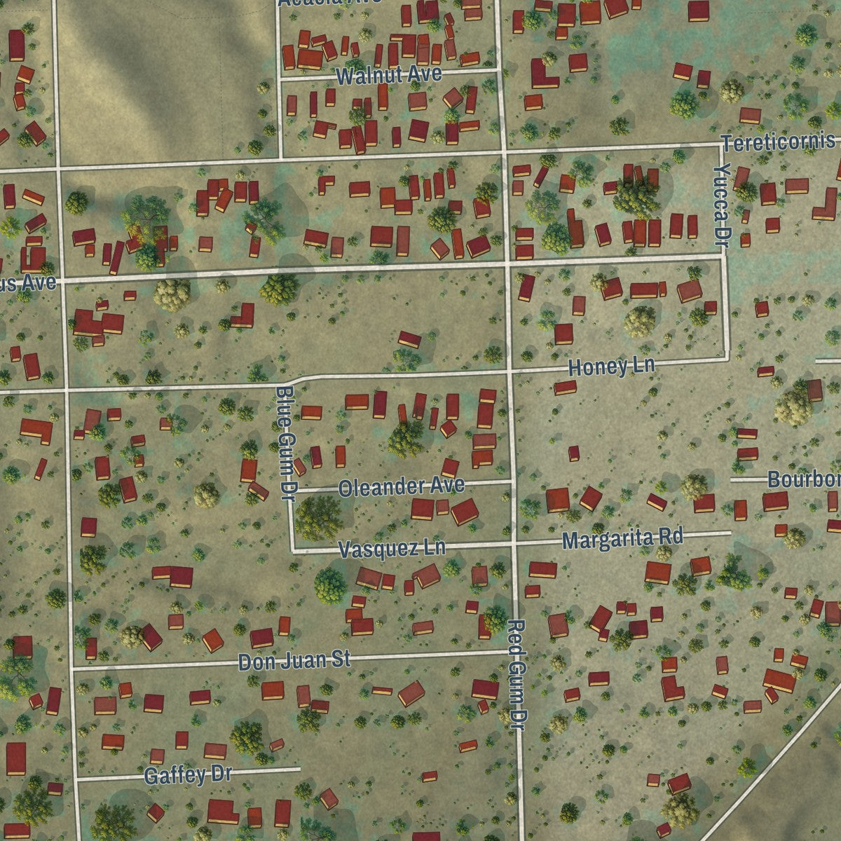 Close-up of the map of Warm Springs, California print showing street and building detail