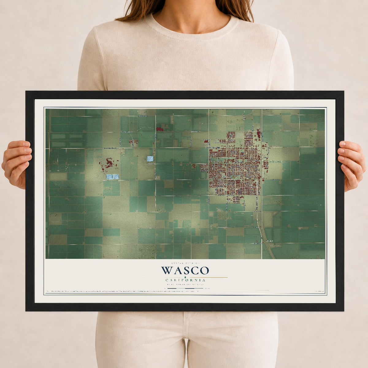 Map of Wasco, California, 12 x 18 inch print in a black wood frame