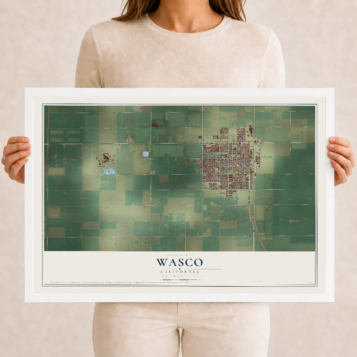 Map of Wasco, California, 12 x 18 inch print in a white wood frame