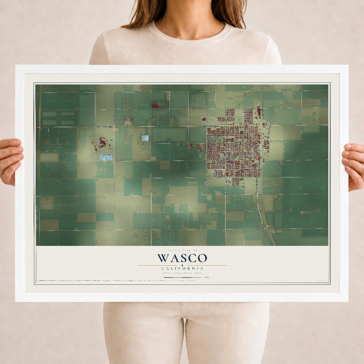 Map of Wasco, California, 18 x 24 inch print in a white wood frame