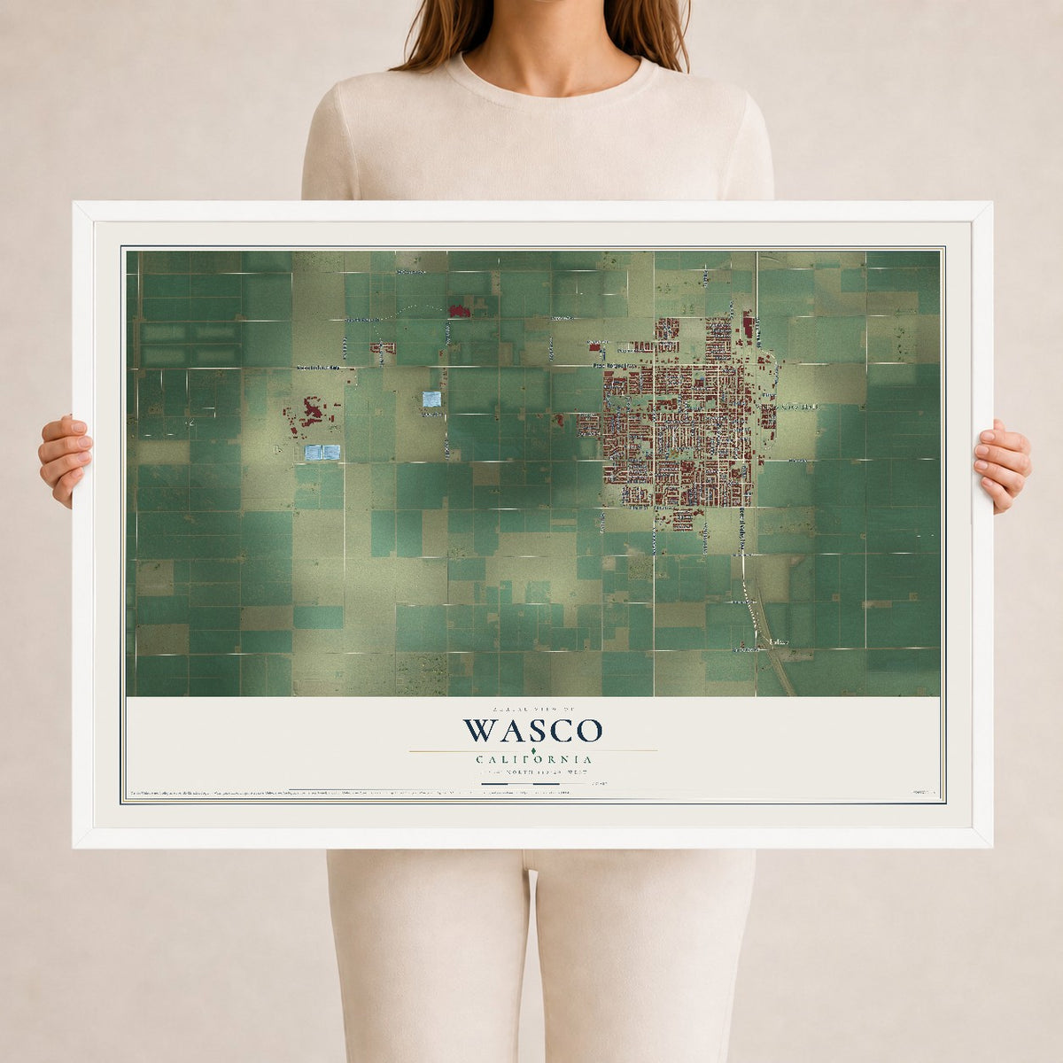 Map of Wasco, California, 24 x 36 inch print in a white wood frame