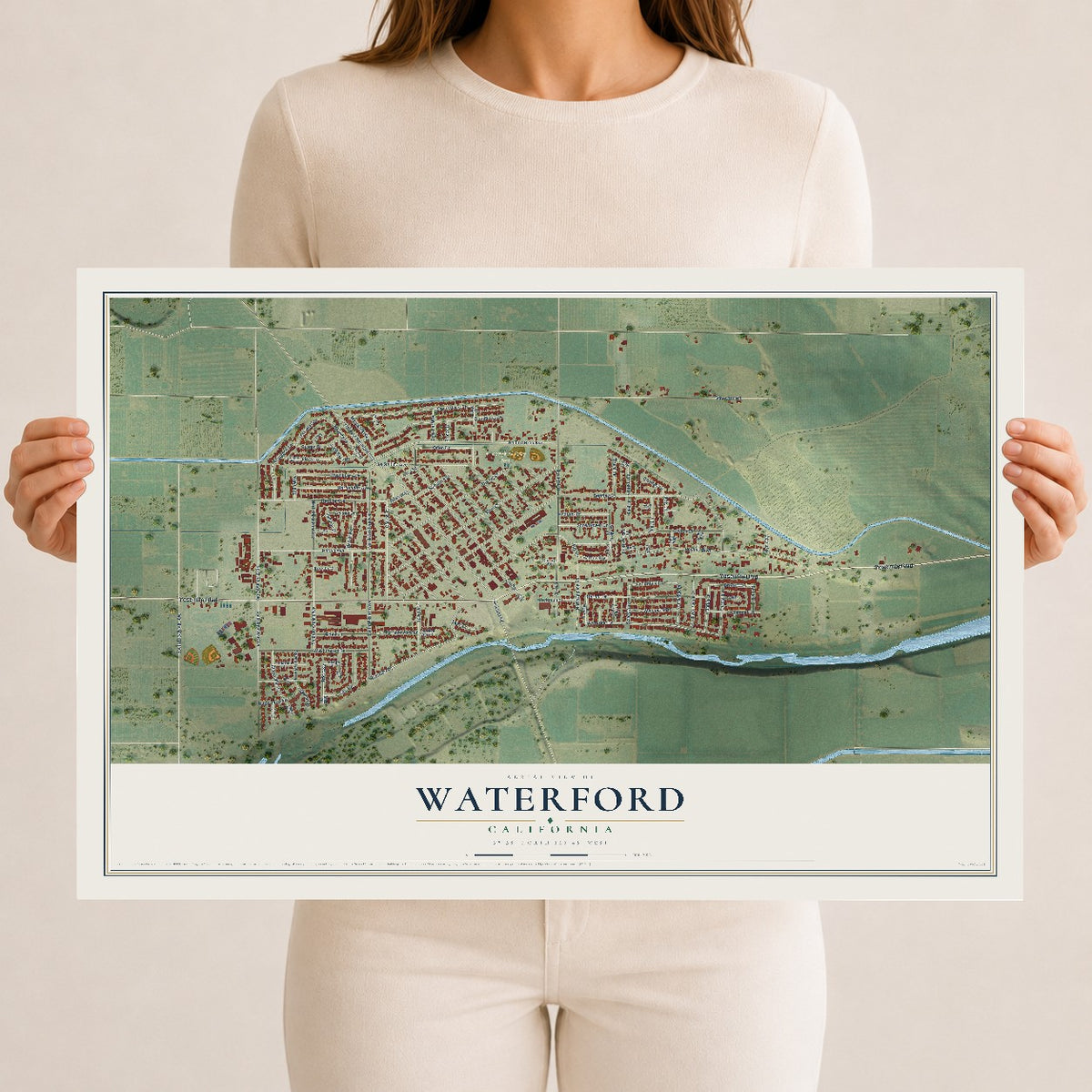 Map of Waterford, California, 12 x 18 inch unframed archival matte print