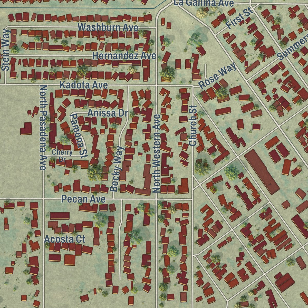 Close-up of the map of Waterford, California print showing street and building detail