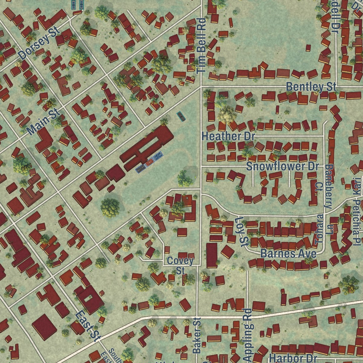 Second close-up of the map of Waterford, California print showing more streets and buildings