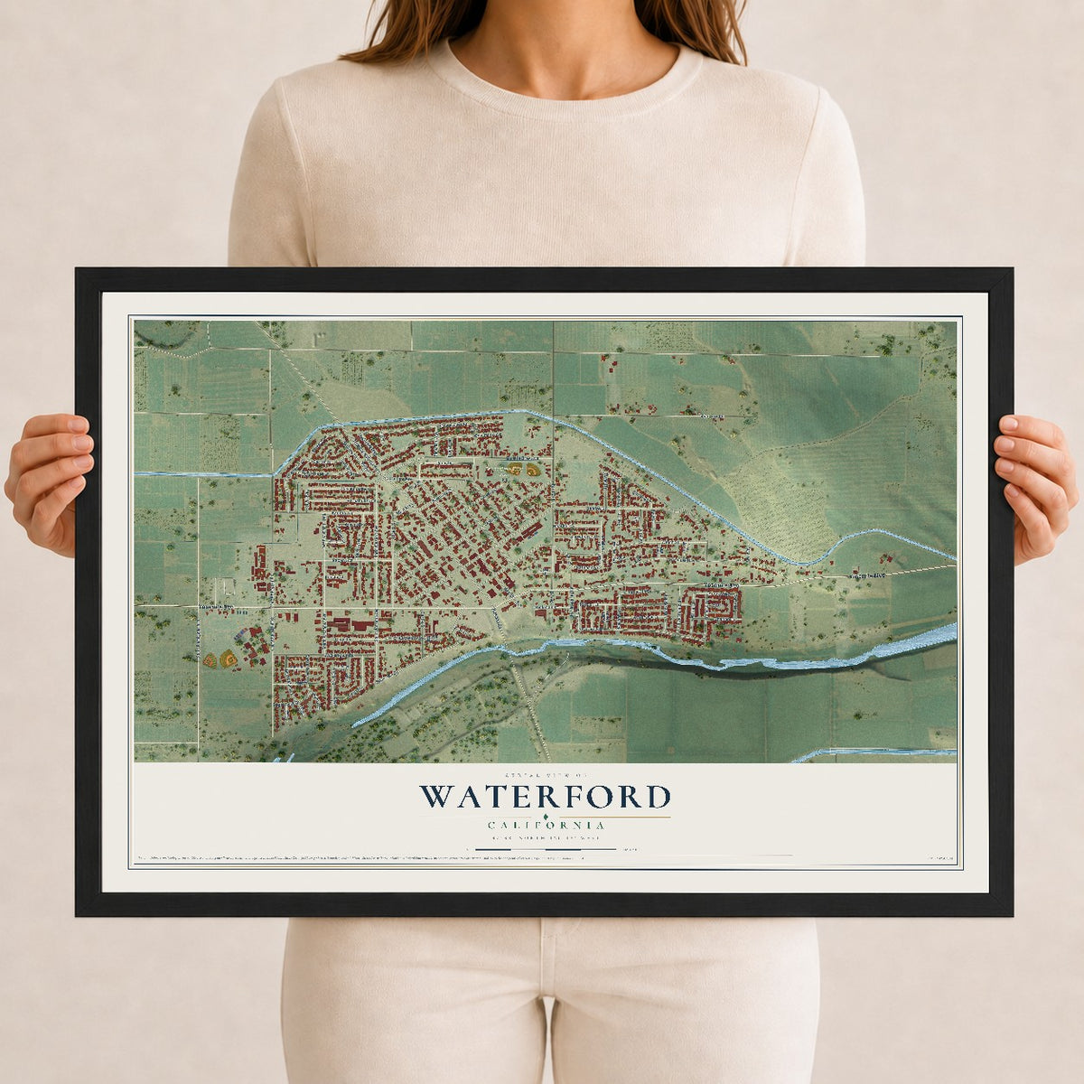 Map of Waterford, California, 12 x 18 inch print in a black wood frame