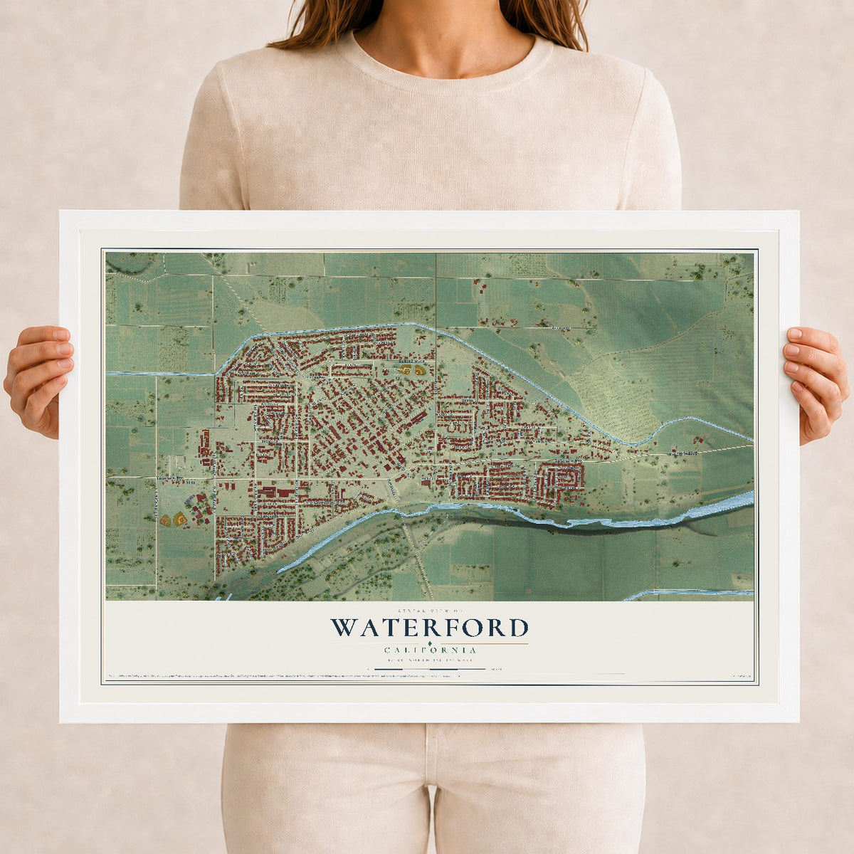 Map of Waterford, California, 12 x 18 inch print in a white wood frame