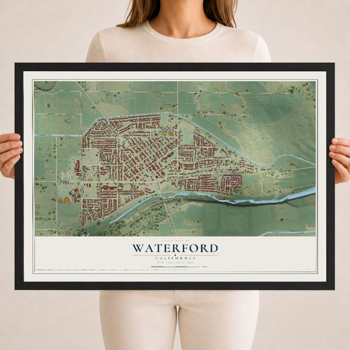 Map of Waterford, California, 18 x 24 inch print in a black wood frame
