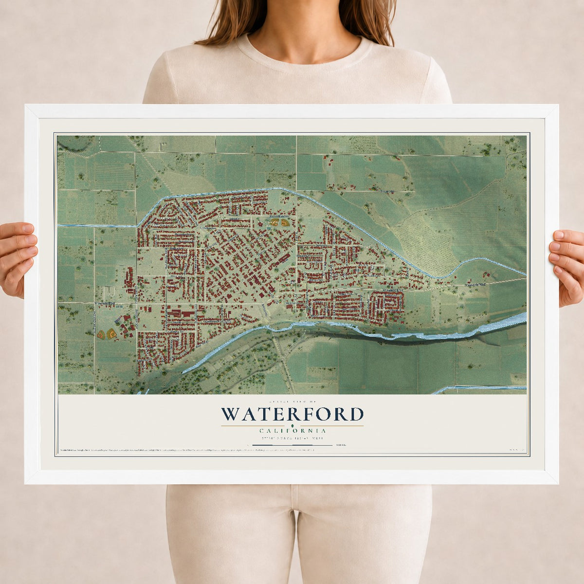 Map of Waterford, California, 18 x 24 inch print in a white wood frame