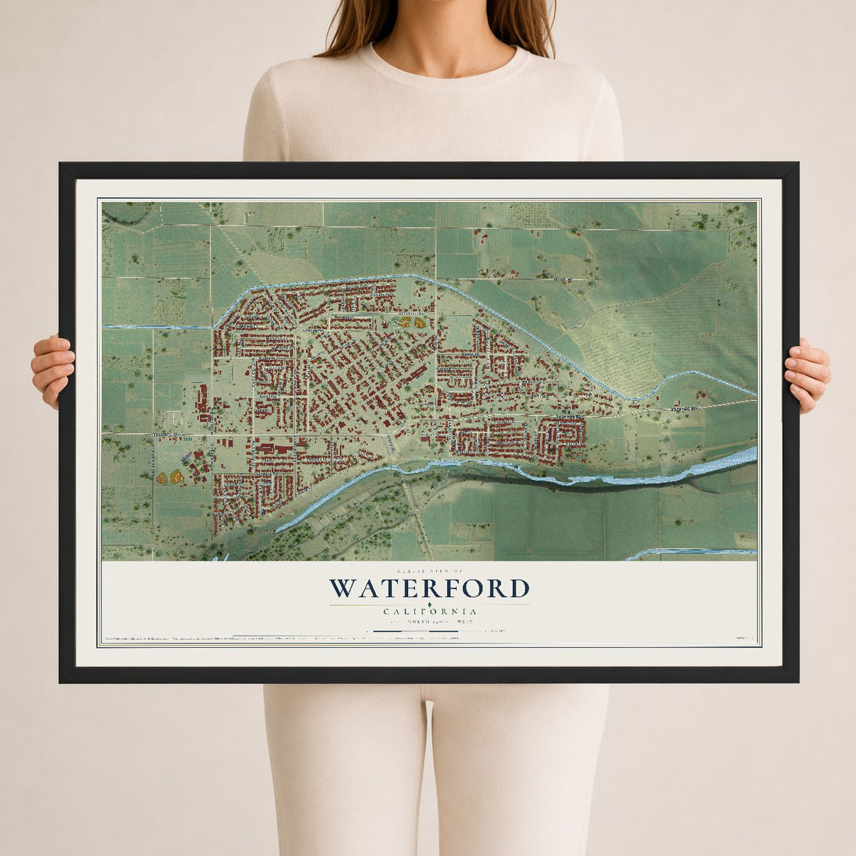 Map of Waterford, California, 24 x 36 inch print in a black wood frame