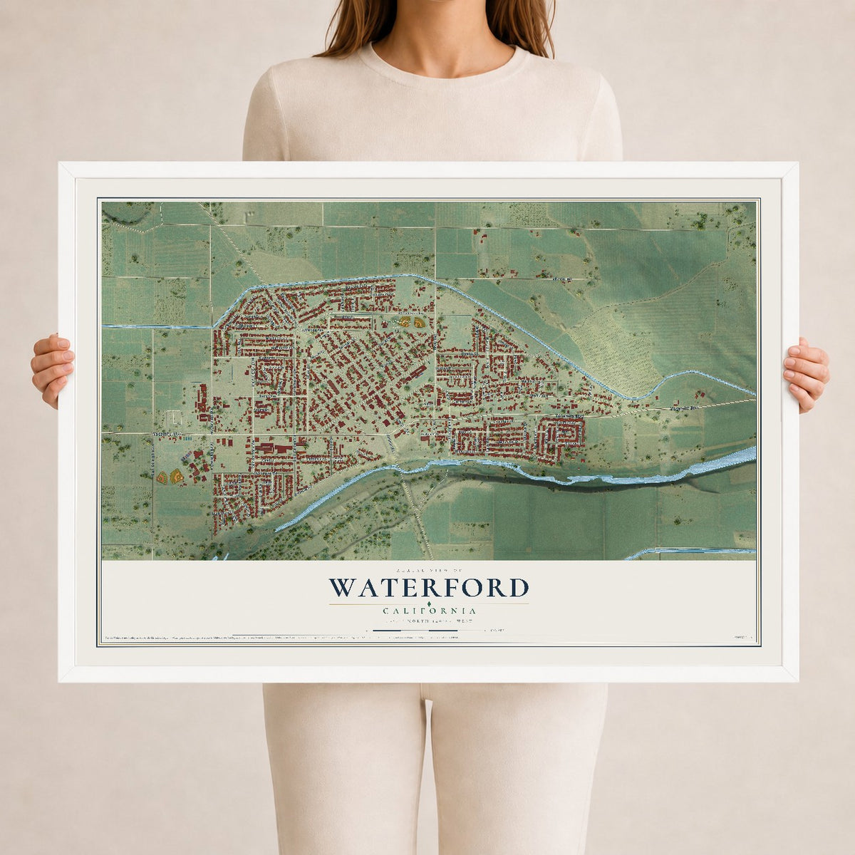 Map of Waterford, California, 24 x 36 inch print in a white wood frame