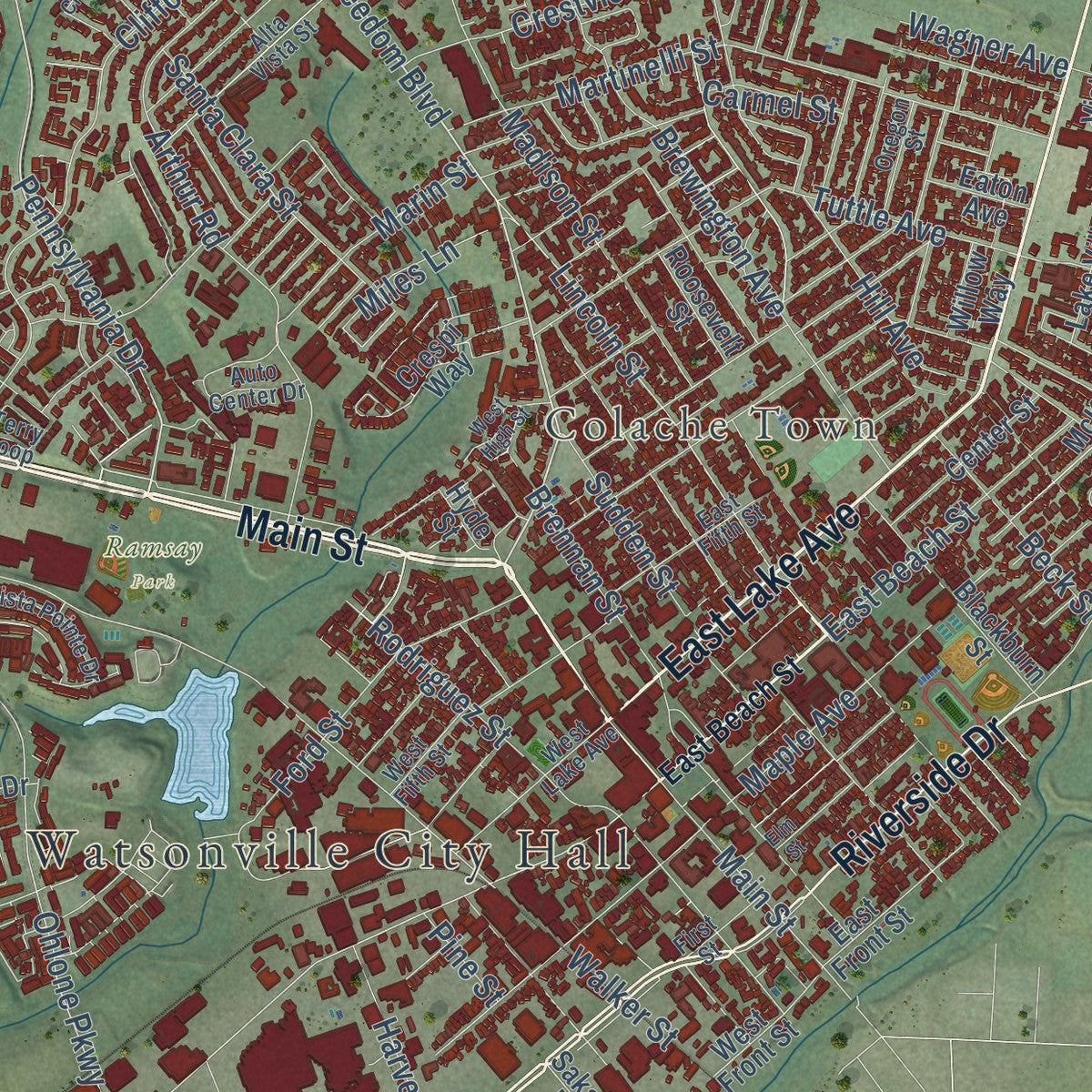 Close-up of the map of Watsonville, California print showing street and building detail