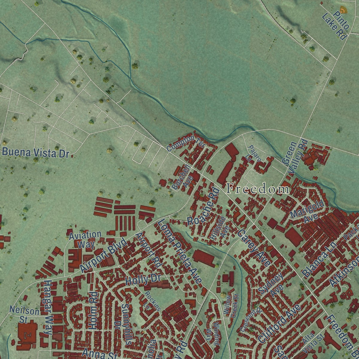 Second close-up of the map of Watsonville, California print showing more streets and buildings