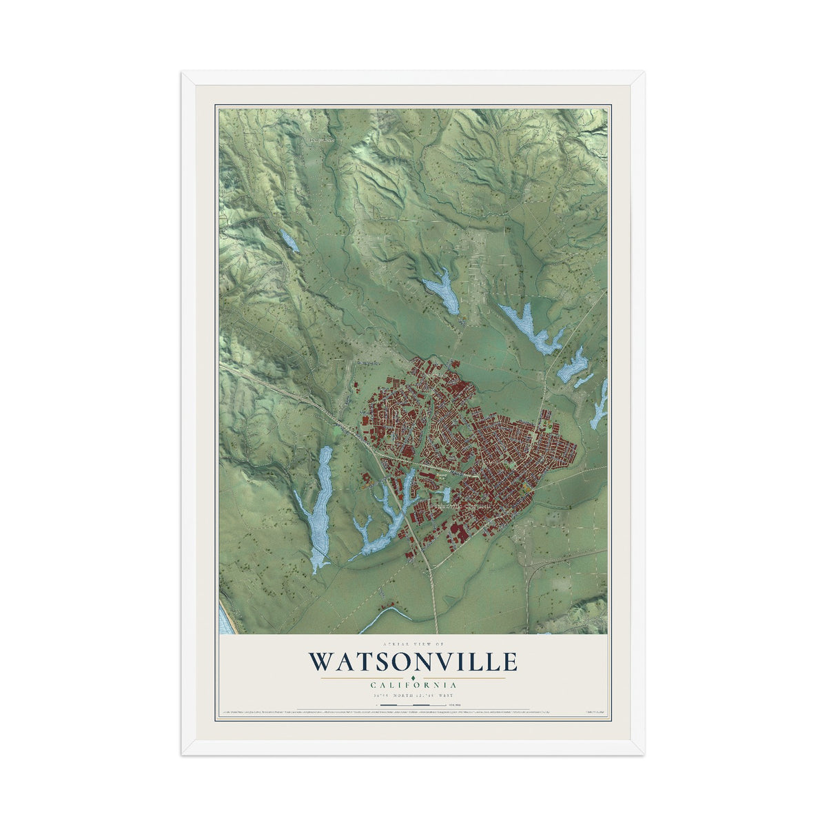 Map of Watsonville, California, 12 x 18 inch print in a white wood frame