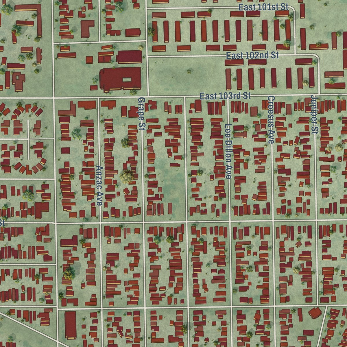 Close-up of the map of Watts, California print showing street and building detail