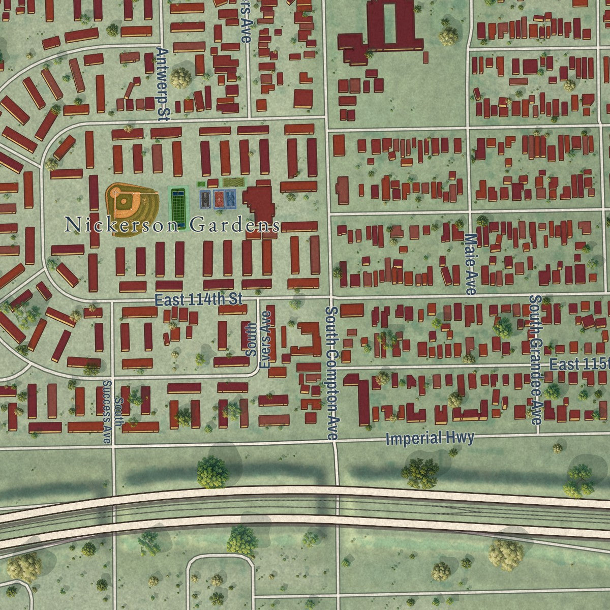 Second close-up of the map of Watts, California print showing more streets and buildings