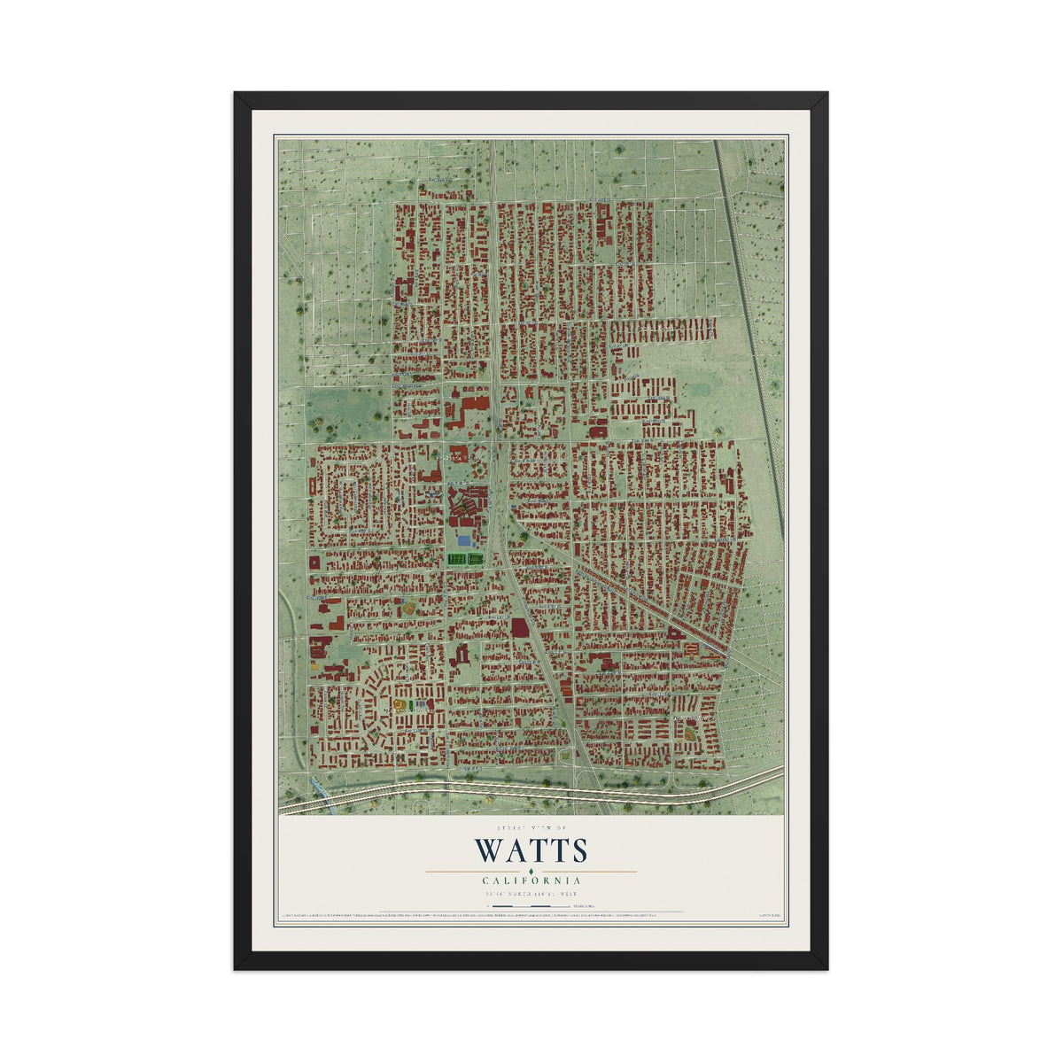 Map of Watts, California, 12 x 18 inch print in a black wood frame