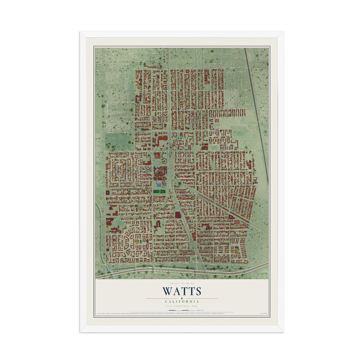Map of Watts, California, 12 x 18 inch print in a white wood frame