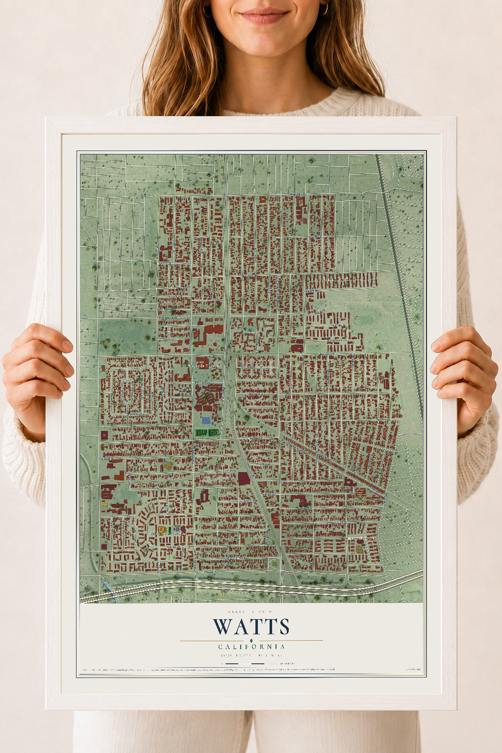 Map of Watts, California, 18 x 24 inch print in a white wood frame