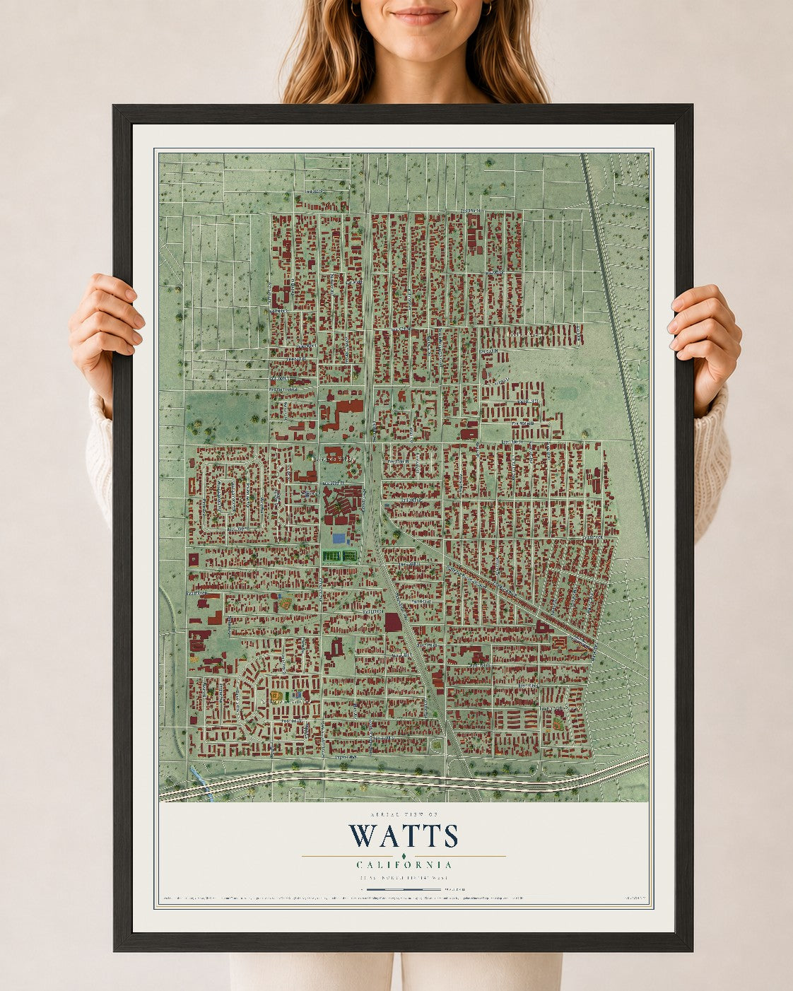 Map of Watts, California, 24 x 36 inch print in a black wood frame