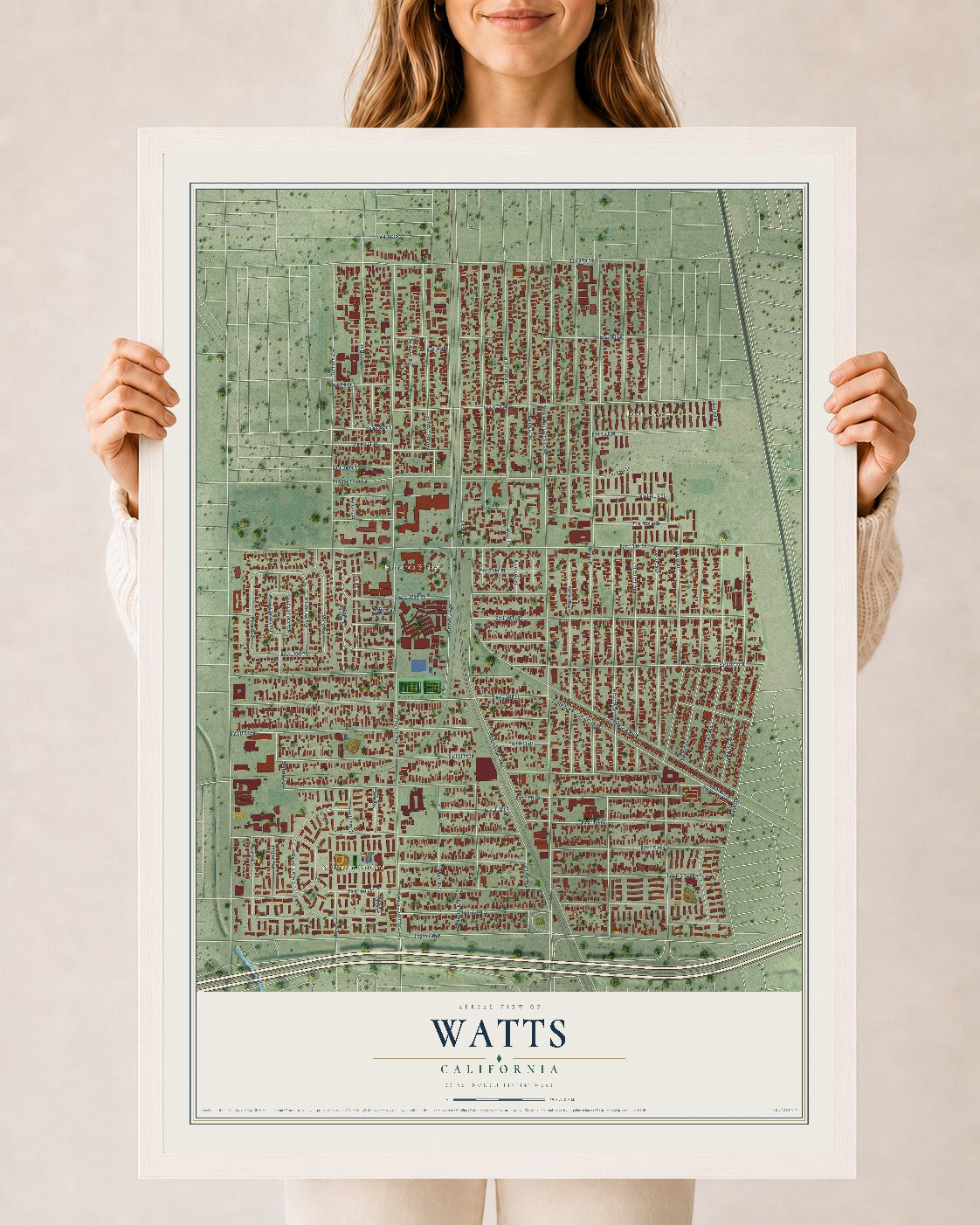 Map of Watts, California, 24 x 36 inch print in a white wood frame
