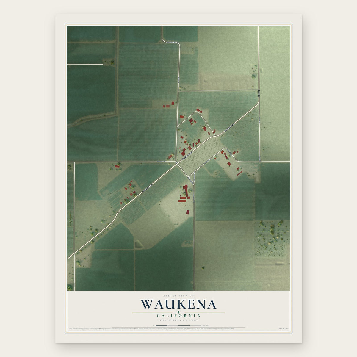 Waukena, California map print, the full design