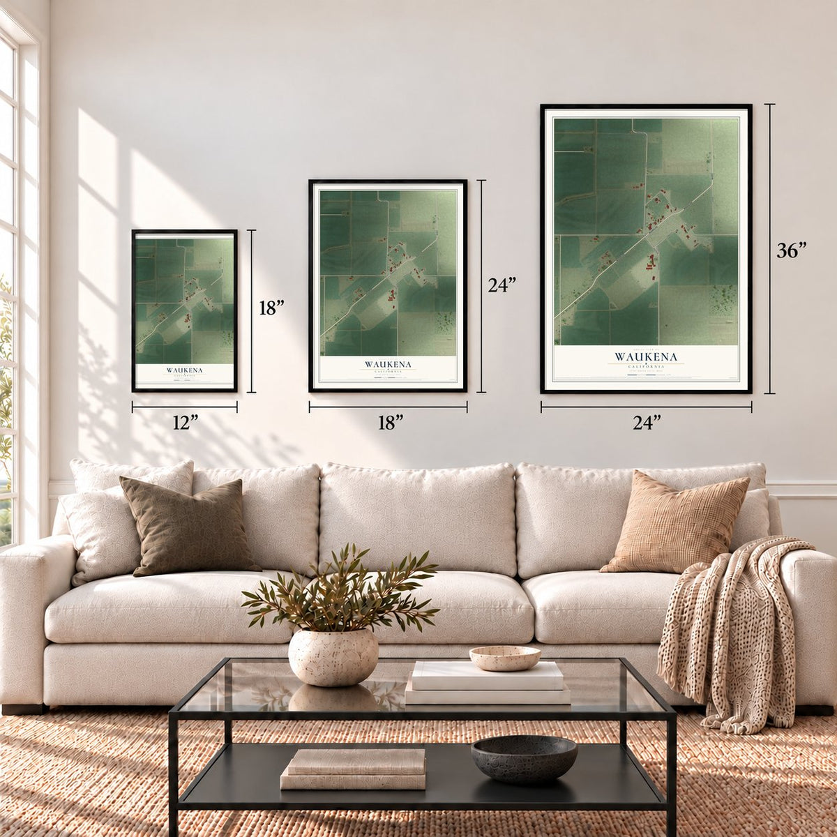 Waukena, California map in 12 x 18, 18 x 24 and 24 x 36 inch sizes above a sofa