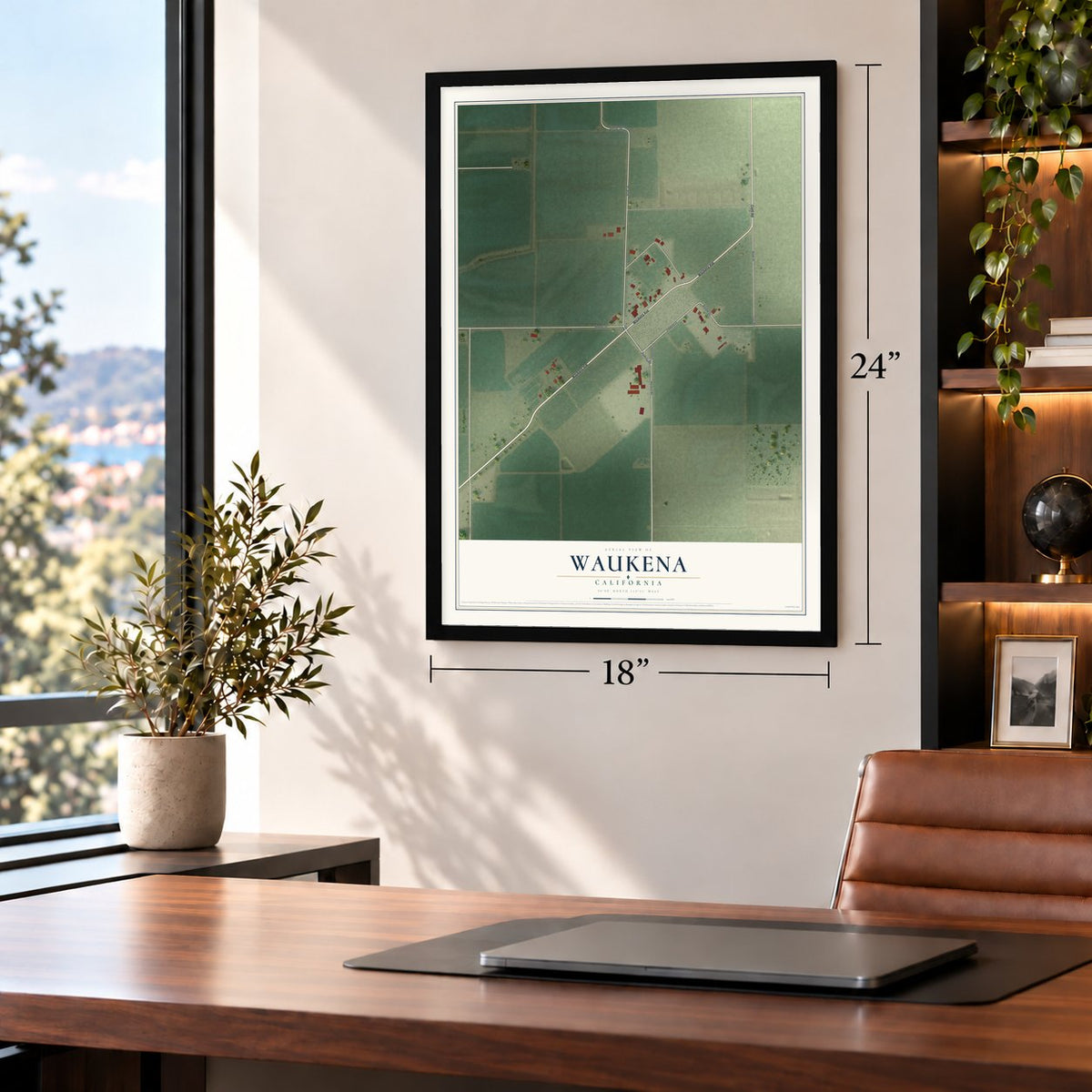 Waukena, California map, 18 x 24 inch print in a black frame in a home office