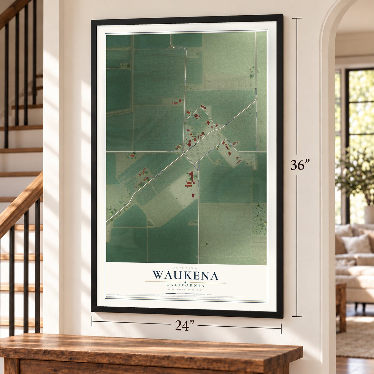 Waukena, California map, 24 x 36 inch print in a black frame by a staircase