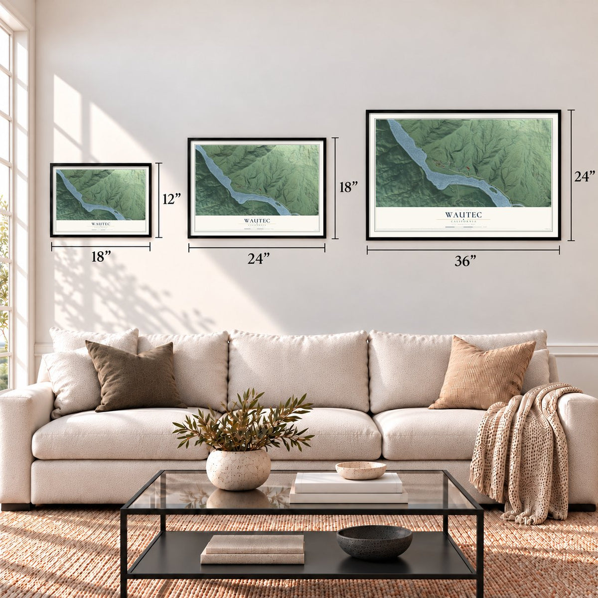 Wautec, California map in 12 x 18, 18 x 24 and 24 x 36 inch sizes above a sofa