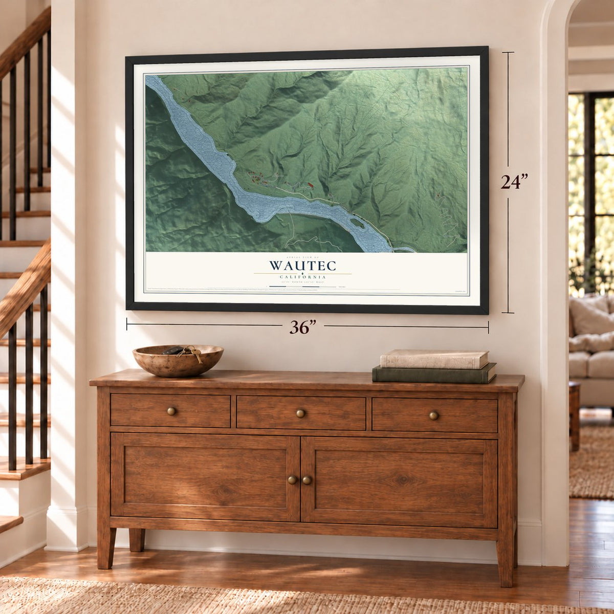 Wautec, California map, 24 x 36 inch print in a black frame above a dresser by a staircase