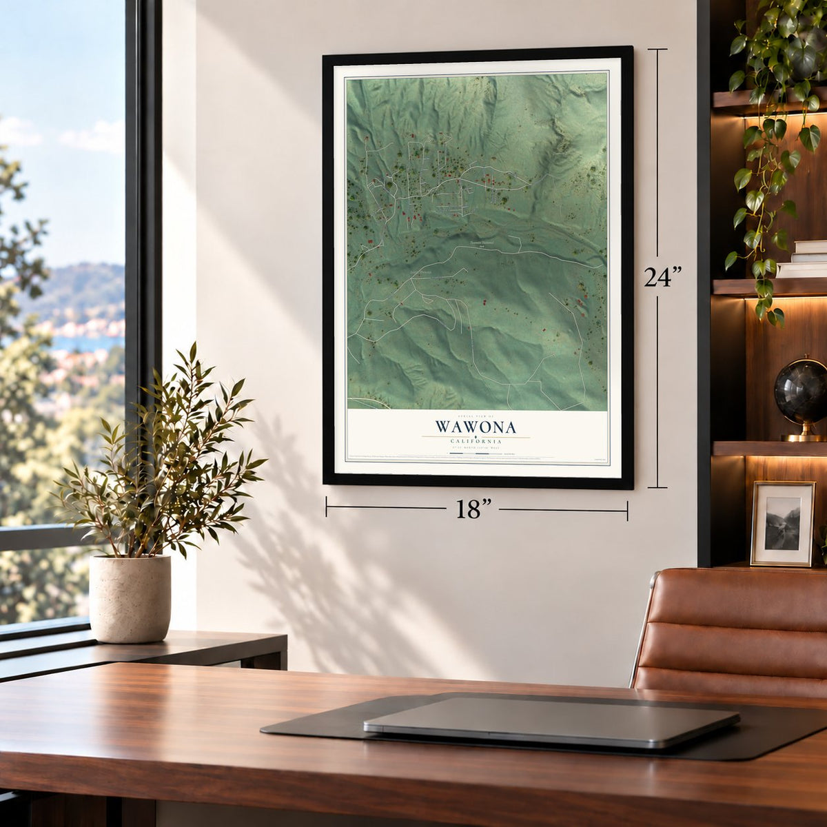 Wawona, California map, 18 x 24 inch print in a black frame in a home office