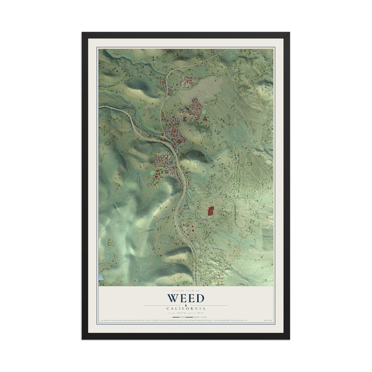 Map of Weed, California, 12 x 18 inch print in a black wood frame