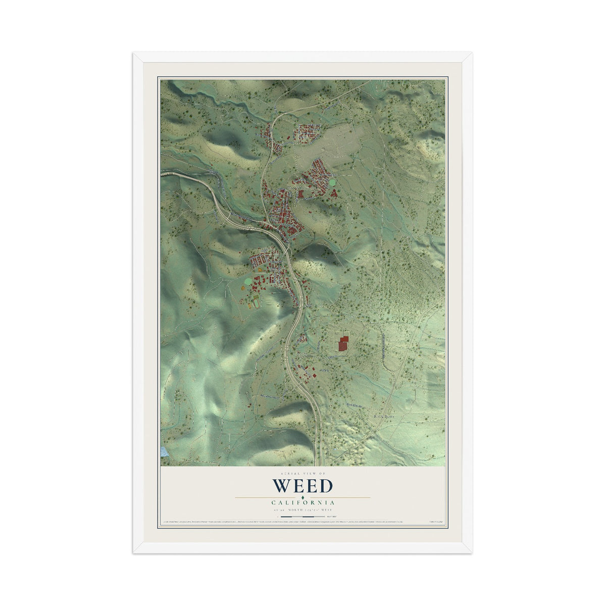 Map of Weed, California, 12 x 18 inch print in a white wood frame