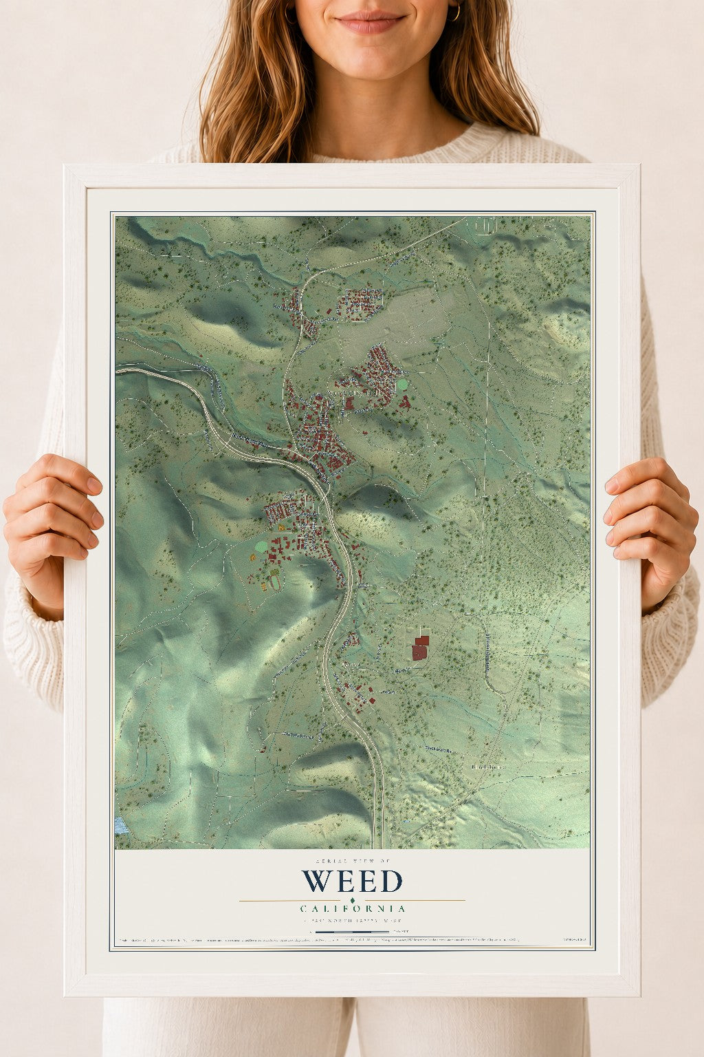 Map of Weed, California, 18 x 24 inch print in a white wood frame